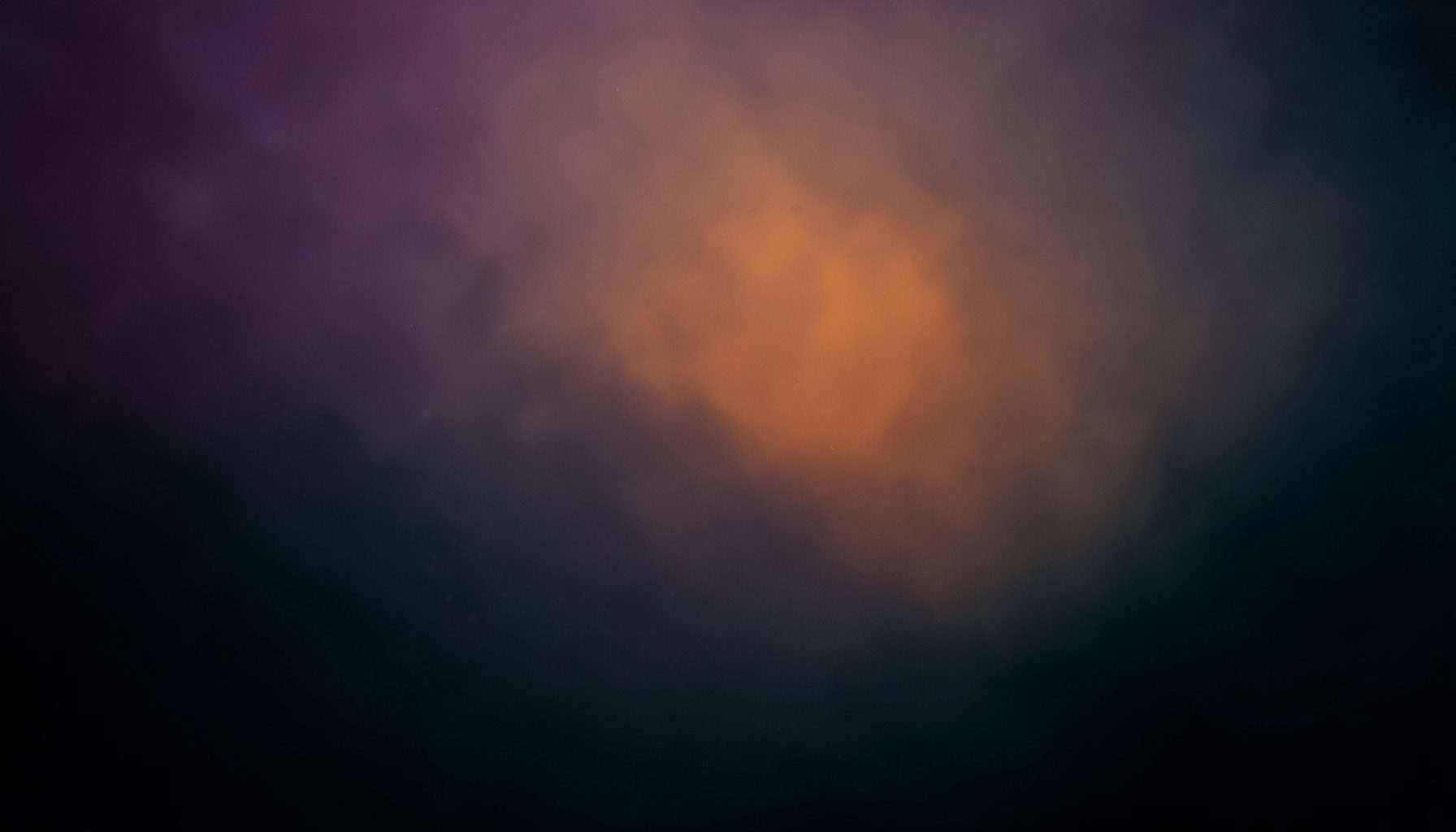 A wide atmospheric photograph with deep purple and teal tones, soft ambient light washing across a moody dark space